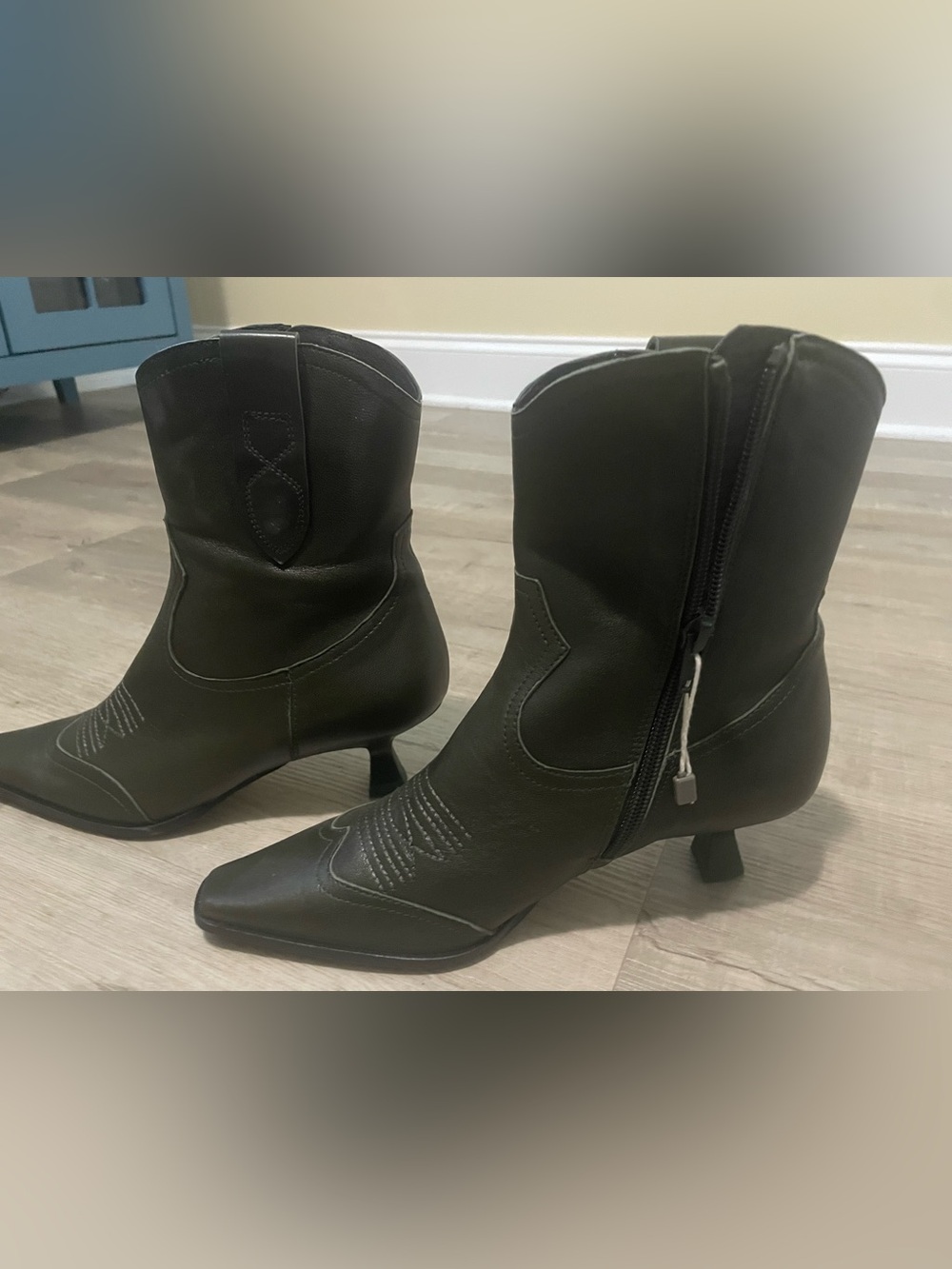 Olive green leather Western-Inspired Ankle Boots with Kitten Heel